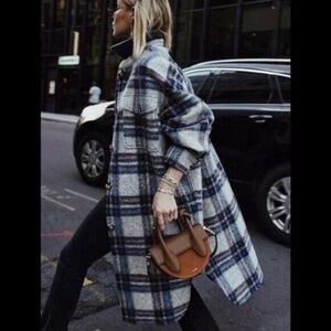 H&M Blue/Grey Plaid Coat Jacket Size Small S Bloggers Fave NWT